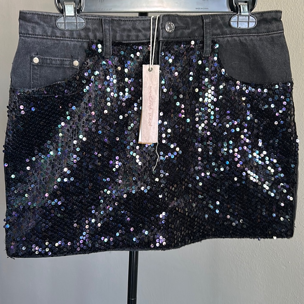 Mustard Seed Black Denim W/ multicolor Sequence Skirt Size:Large NEW